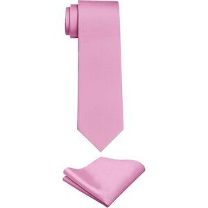 Men's Pink Solid Color Imported Formal Neck Ties And Pocket Square Sets